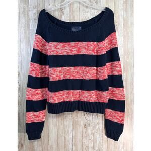 American Eagle Sweater L Navy Red White Striped Cotton‎ Knit Ribbed Trim Cropped